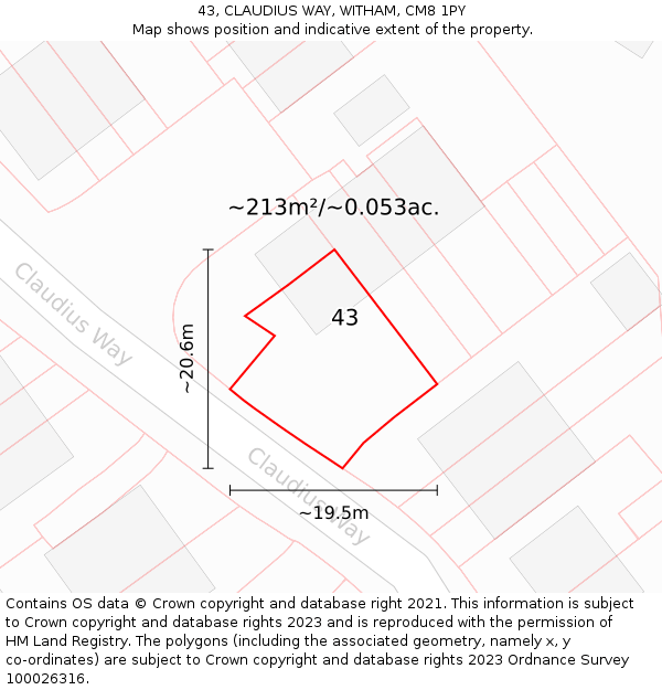 43, CLAUDIUS WAY, WITHAM, CM8 1PY: Plot and title map