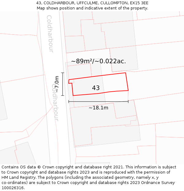 43, COLDHARBOUR, UFFCULME, CULLOMPTON, EX15 3EE: Plot and title map