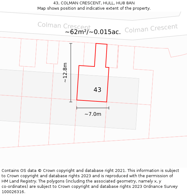 43, COLMAN CRESCENT, HULL, HU8 8AN: Plot and title map
