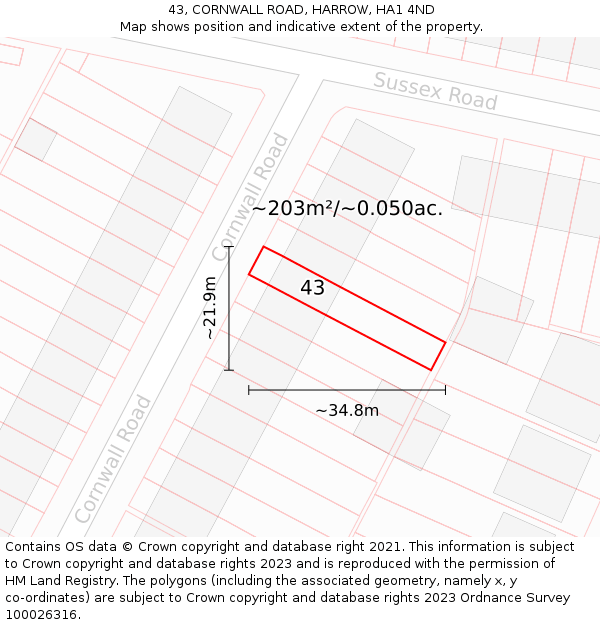 43, CORNWALL ROAD, HARROW, HA1 4ND: Plot and title map