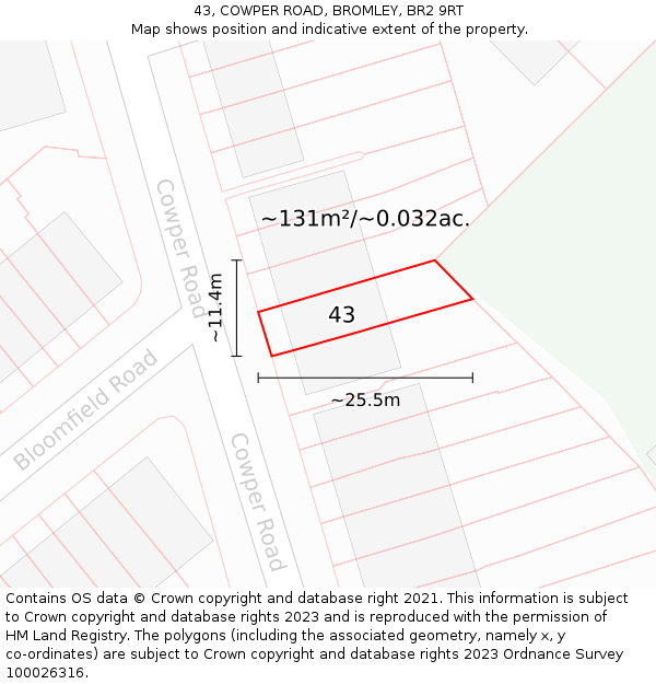 43, COWPER ROAD, BROMLEY, BR2 9RT: Plot and title map