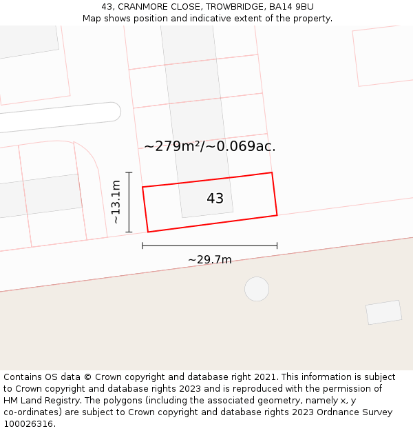 43, CRANMORE CLOSE, TROWBRIDGE, BA14 9BU: Plot and title map