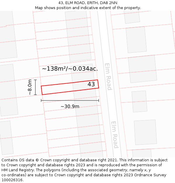 43, ELM ROAD, ERITH, DA8 2NN: Plot and title map