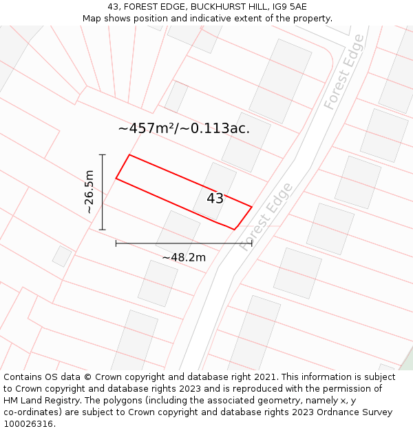 43, FOREST EDGE, BUCKHURST HILL, IG9 5AE: Plot and title map
