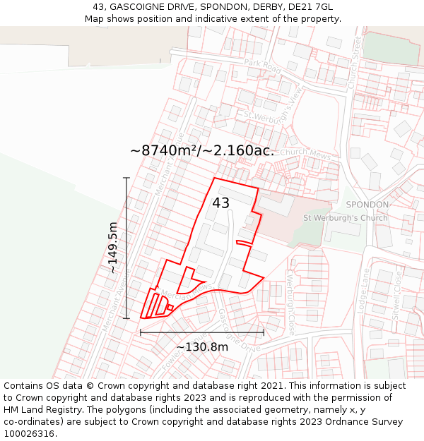 43, GASCOIGNE DRIVE, SPONDON, DERBY, DE21 7GL: Plot and title map