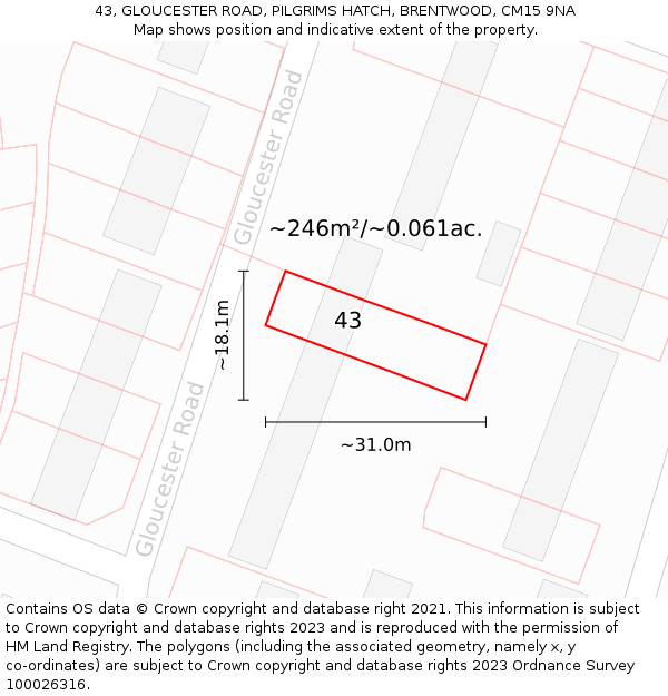 43, GLOUCESTER ROAD, PILGRIMS HATCH, BRENTWOOD, CM15 9NA: Plot and title map