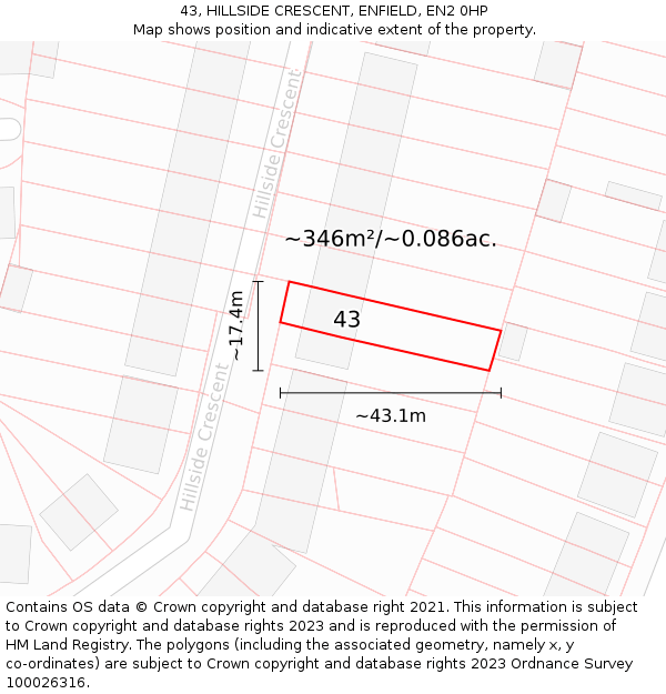 43, HILLSIDE CRESCENT, ENFIELD, EN2 0HP: Plot and title map