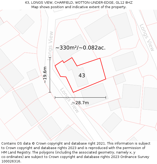 43, LONGS VIEW, CHARFIELD, WOTTON-UNDER-EDGE, GL12 8HZ: Plot and title map