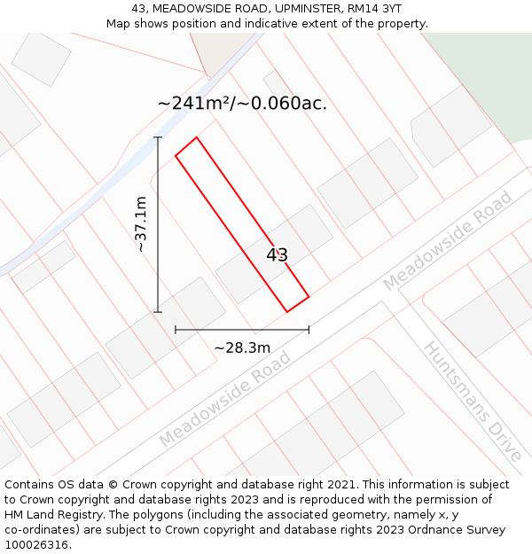 43, MEADOWSIDE ROAD, UPMINSTER, RM14 3YT: Plot and title map