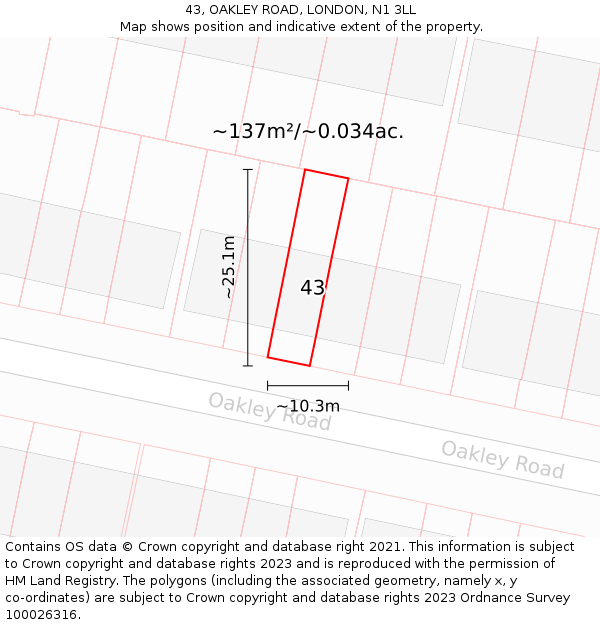 43, OAKLEY ROAD, LONDON, N1 3LL: Plot and title map