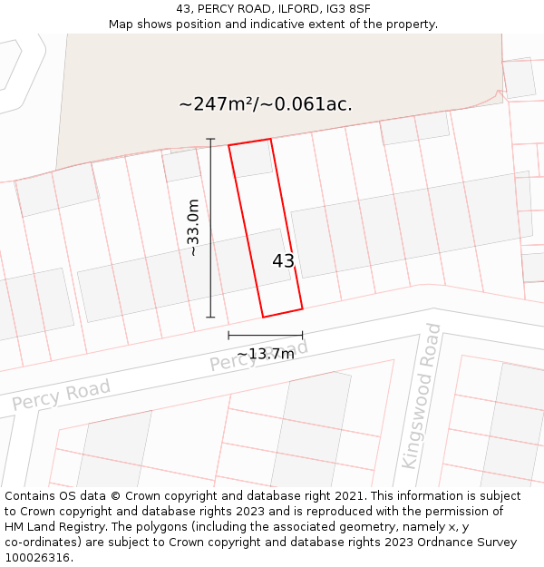 43, PERCY ROAD, ILFORD, IG3 8SF: Plot and title map