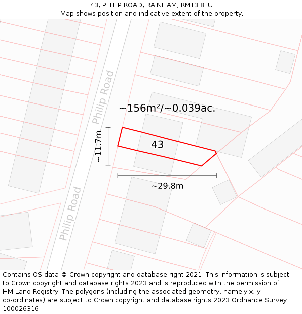 43, PHILIP ROAD, RAINHAM, RM13 8LU: Plot and title map