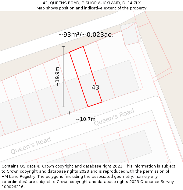 43, QUEENS ROAD, BISHOP AUCKLAND, DL14 7LX: Plot and title map
