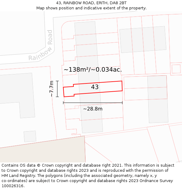 43, RAINBOW ROAD, ERITH, DA8 2BT: Plot and title map
