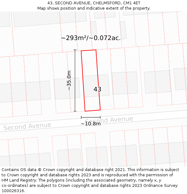 43, SECOND AVENUE, CHELMSFORD, CM1 4ET: Plot and title map