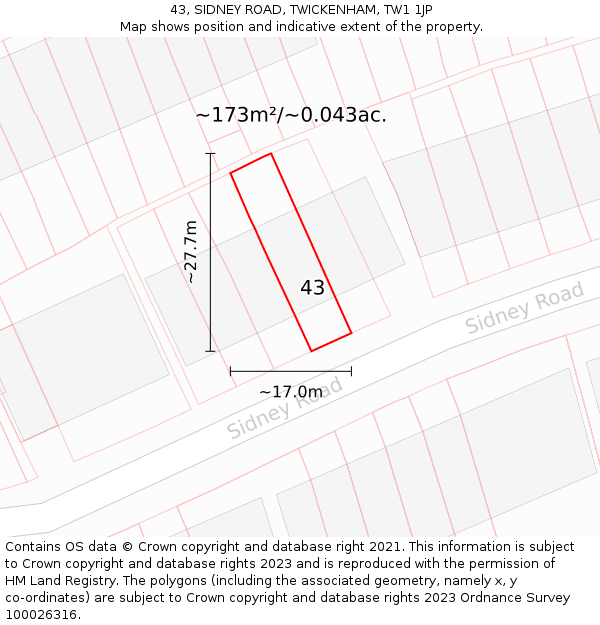 43, SIDNEY ROAD, TWICKENHAM, TW1 1JP: Plot and title map