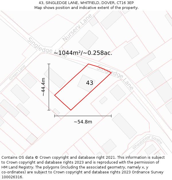 43, SINGLEDGE LANE, WHITFIELD, DOVER, CT16 3EP: Plot and title map