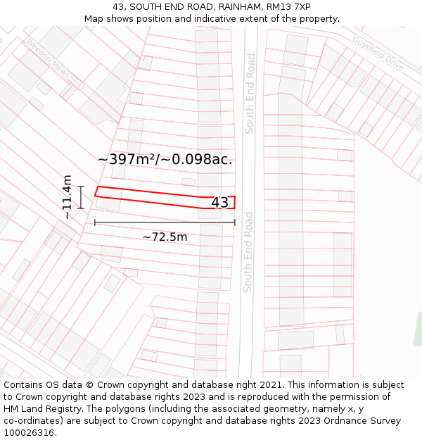 43, SOUTH END ROAD, RAINHAM, RM13 7XP: Plot and title map