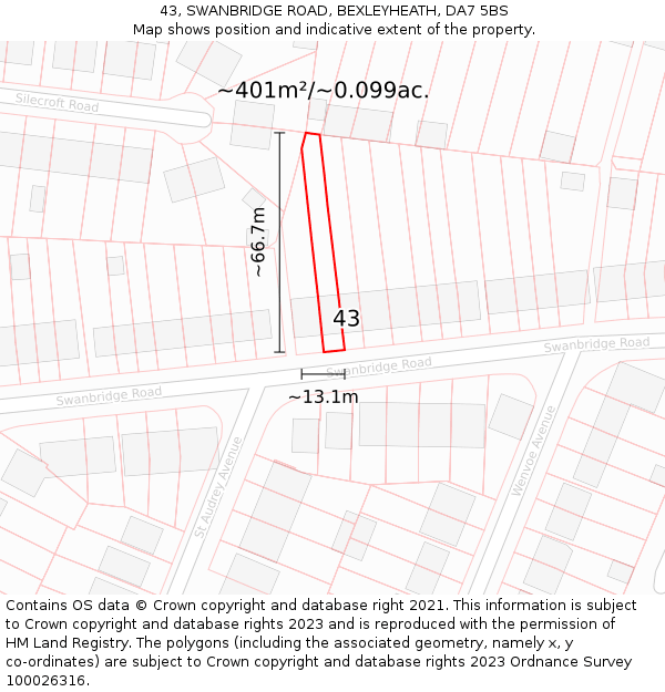 43, SWANBRIDGE ROAD, BEXLEYHEATH, DA7 5BS: Plot and title map