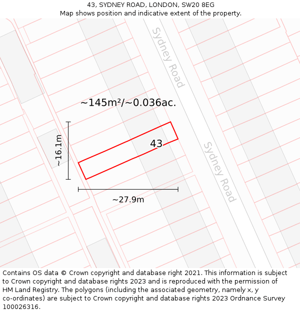 43, SYDNEY ROAD, LONDON, SW20 8EG: Plot and title map