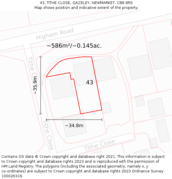 43, TITHE CLOSE, GAZELEY, NEWMARKET, CB8 8RS: Plot and title map