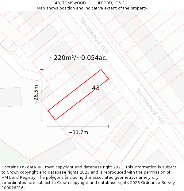 43, TOMSWOOD HILL, ILFORD, IG6 2HL: Plot and title map