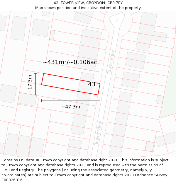 43, TOWER VIEW, CROYDON, CR0 7PY: Plot and title map