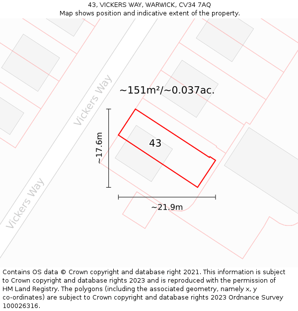 43, VICKERS WAY, WARWICK, CV34 7AQ: Plot and title map