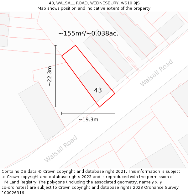 43, WALSALL ROAD, WEDNESBURY, WS10 9JS: Plot and title map