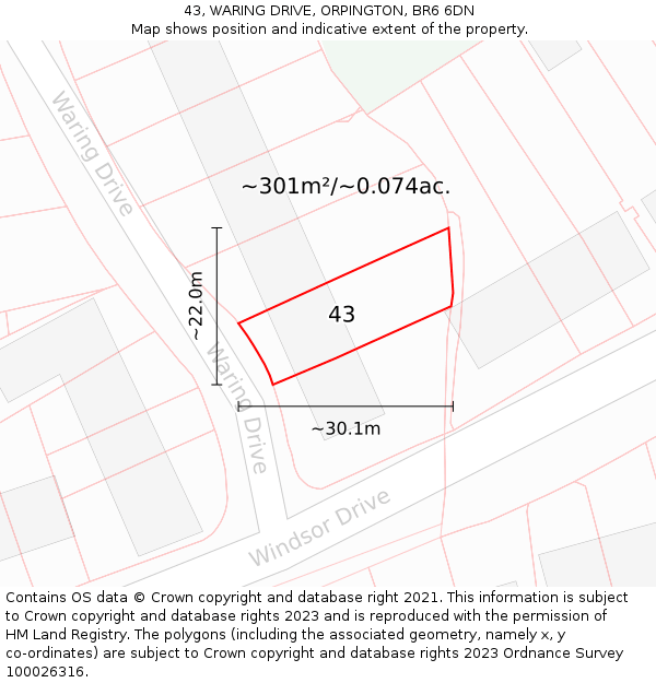 43, WARING DRIVE, ORPINGTON, BR6 6DN: Plot and title map