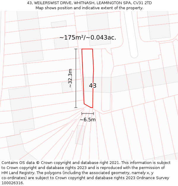43, WEILERSWIST DRIVE, WHITNASH, LEAMINGTON SPA, CV31 2TD: Plot and title map
