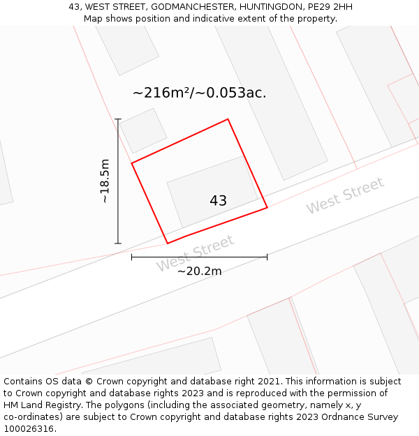 43, WEST STREET, GODMANCHESTER, HUNTINGDON, PE29 2HH: Plot and title map