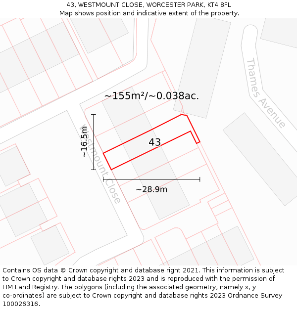 43, WESTMOUNT CLOSE, WORCESTER PARK, KT4 8FL: Plot and title map