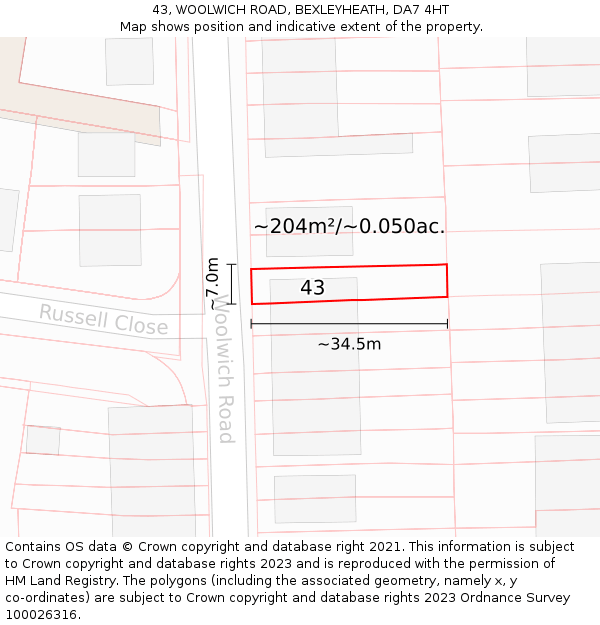 43, WOOLWICH ROAD, BEXLEYHEATH, DA7 4HT: Plot and title map