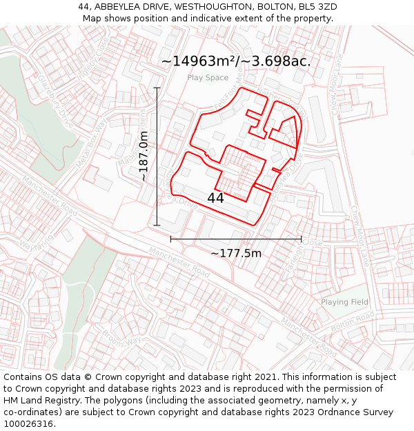 44, ABBEYLEA DRIVE, WESTHOUGHTON, BOLTON, BL5 3ZD: Plot and title map