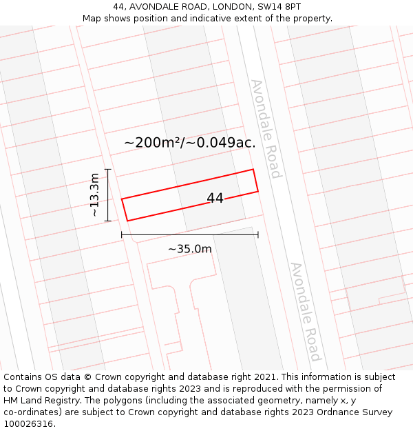 44, AVONDALE ROAD, LONDON, SW14 8PT: Plot and title map