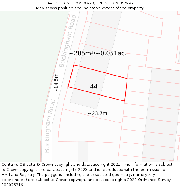 44, BUCKINGHAM ROAD, EPPING, CM16 5AG: Plot and title map