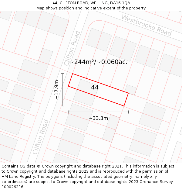 44, CLIFTON ROAD, WELLING, DA16 1QA: Plot and title map
