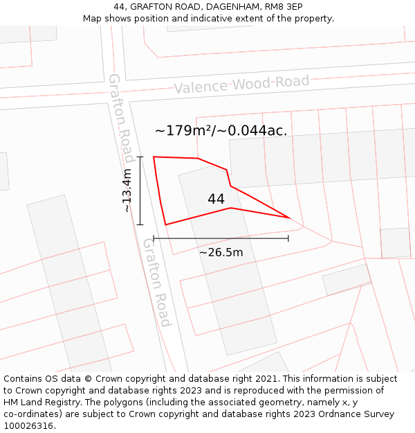 44, GRAFTON ROAD, DAGENHAM, RM8 3EP: Plot and title map