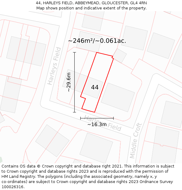 44, HARLEYS FIELD, ABBEYMEAD, GLOUCESTER, GL4 4RN: Plot and title map