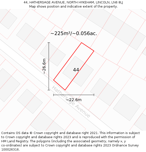 44, HATHERSAGE AVENUE, NORTH HYKEHAM, LINCOLN, LN6 8LJ: Plot and title map