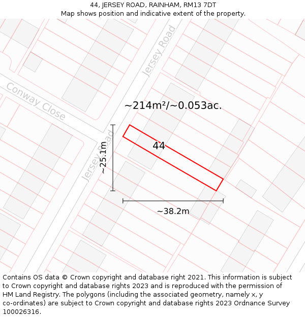 44, JERSEY ROAD, RAINHAM, RM13 7DT: Plot and title map