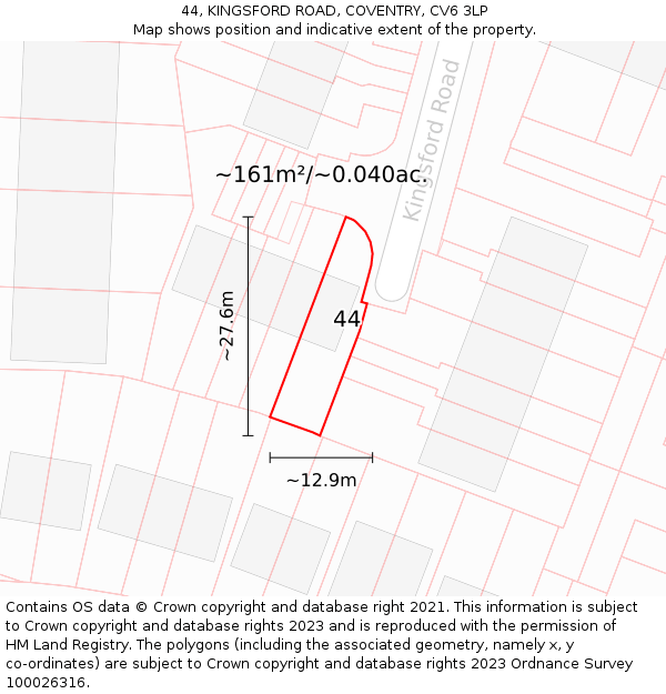 44, KINGSFORD ROAD, COVENTRY, CV6 3LP: Plot and title map