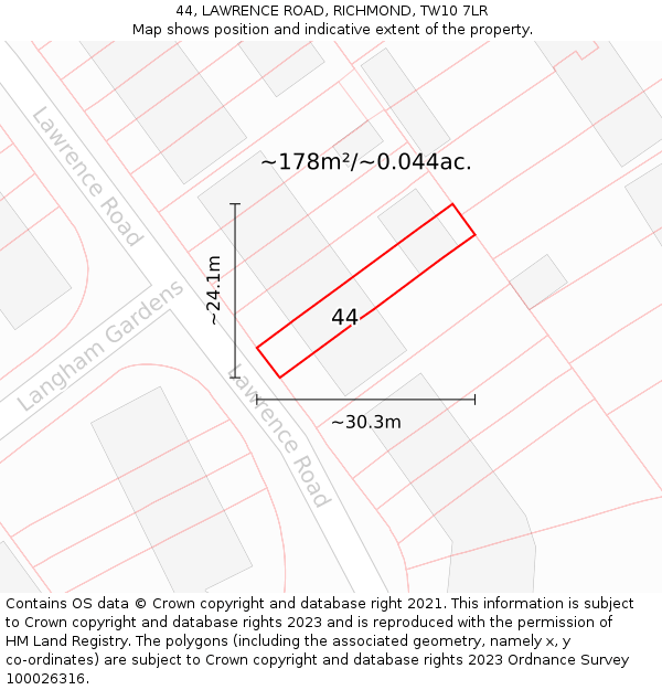 44, LAWRENCE ROAD, RICHMOND, TW10 7LR: Plot and title map