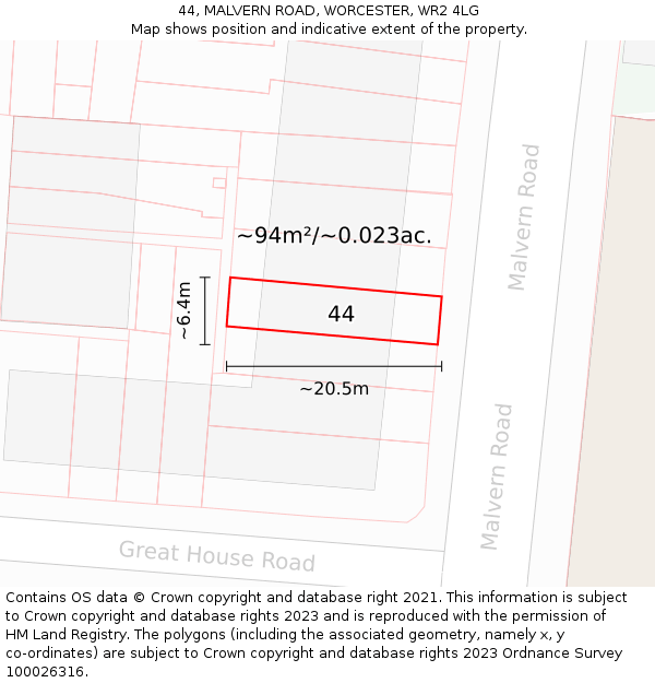 44, MALVERN ROAD, WORCESTER, WR2 4LG: Plot and title map