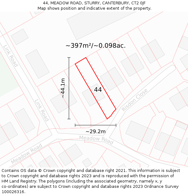 44, MEADOW ROAD, STURRY, CANTERBURY, CT2 0JF: Plot and title map