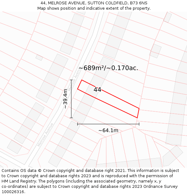 44, MELROSE AVENUE, SUTTON COLDFIELD, B73 6NS: Plot and title map