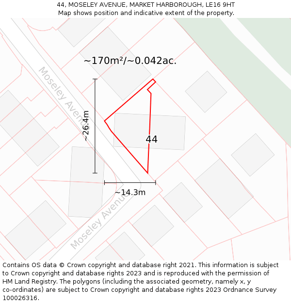 44, MOSELEY AVENUE, MARKET HARBOROUGH, LE16 9HT: Plot and title map