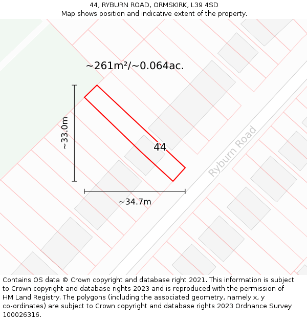 44, RYBURN ROAD, ORMSKIRK, L39 4SD: Plot and title map