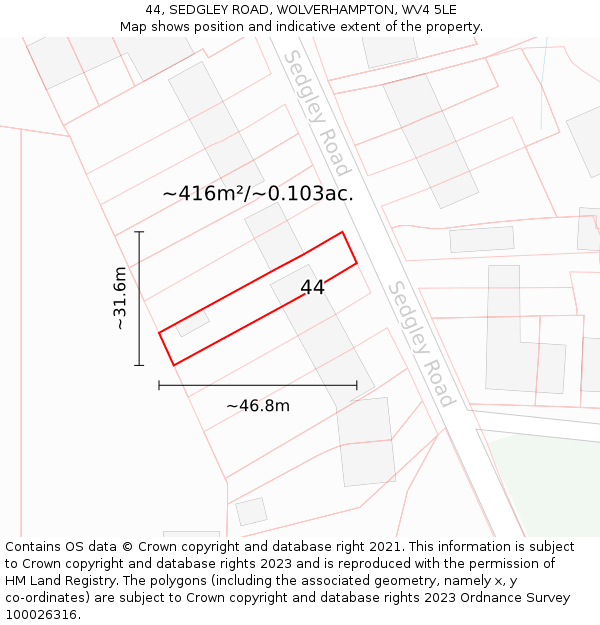 44, SEDGLEY ROAD, WOLVERHAMPTON, WV4 5LE: Plot and title map